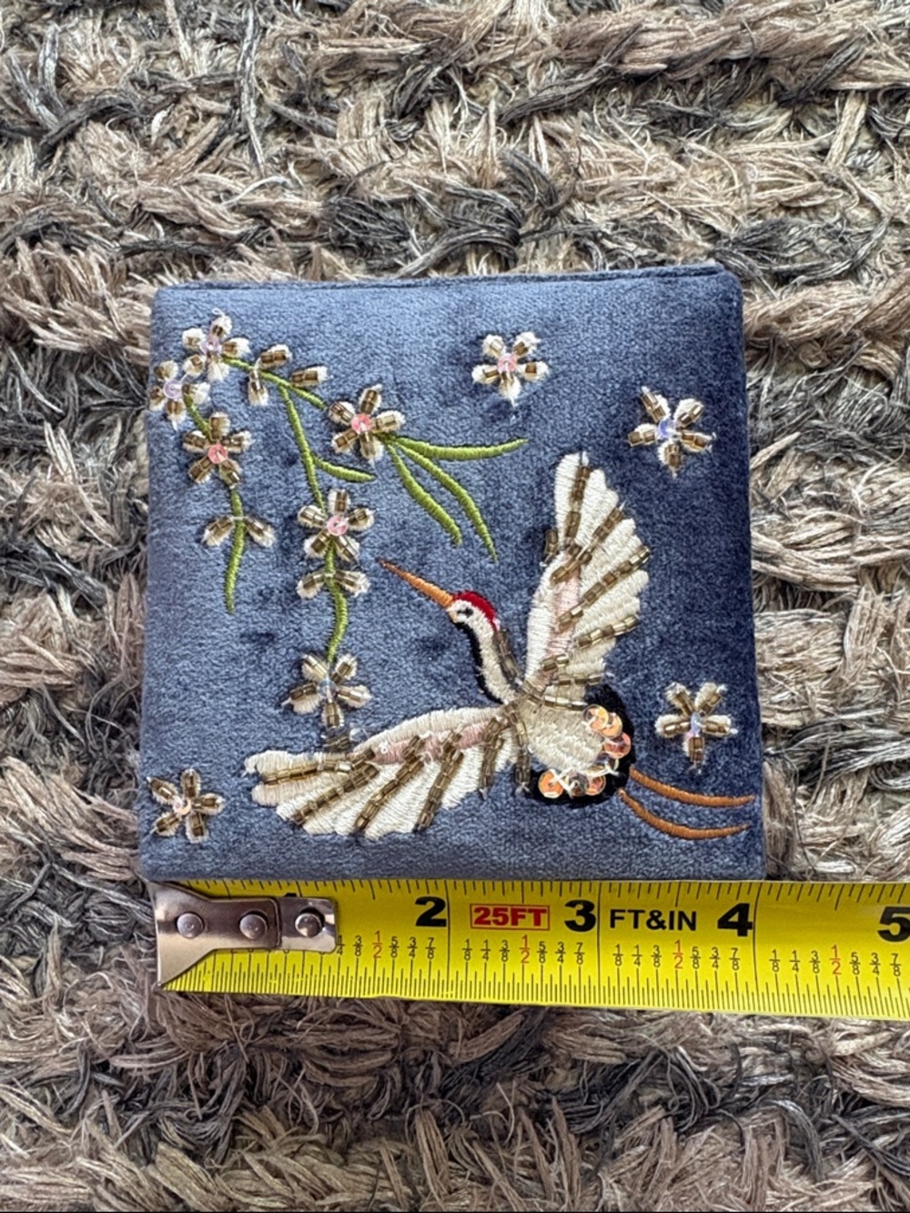 Hand Crafted Gray Embroidered Crane Box with Gold Accents - Picture 6 of 8